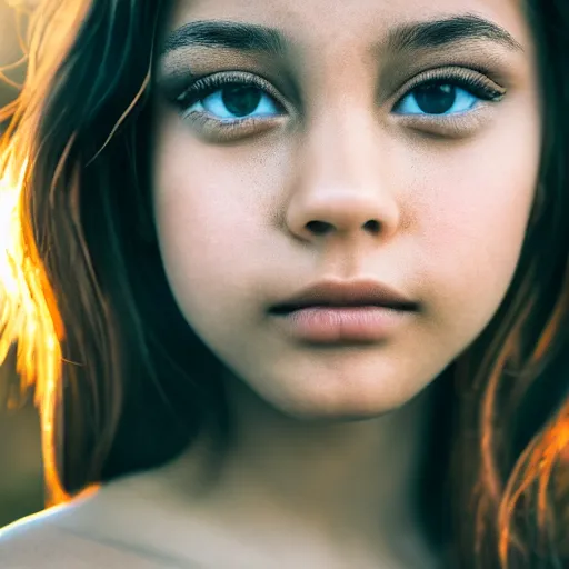 Image similar to photograph of a perfect face of a girl, sunset, 4k