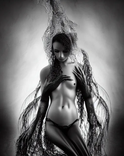 Image similar to surreal mythical dreamy dark artistic black and white fine art photo of a beautiful young female angel - mermaid - cyborg covered with translucent algae lace web, rim light, cinematic, studio dramatic light, poetic, octane render, 8 k, photo - realistic, by floria sigismondi