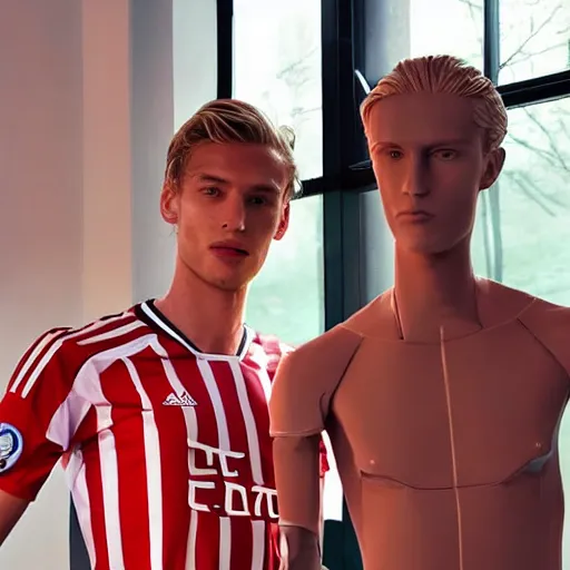 Prompt: a realistic detailed photo of a guy who is an attractive humanoid who is half robot and half humanoid, who is a male android, soccer player frenkie de jong, shiny skin, posing like a statue, blank stare, in a living room, on display, showing off his muscles, with a twin