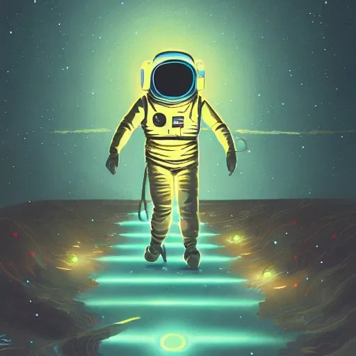 Image similar to glowing astronaut inspired by René Laloux, Dan Mumford, Greg rutkowski,stars, cinematic