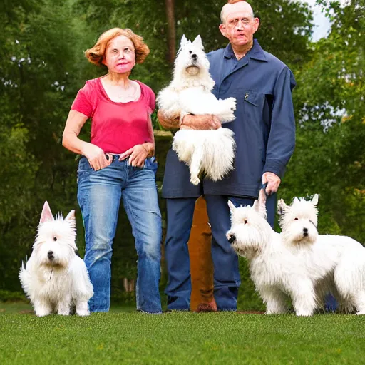 Image similar to a family of west highland terriers in the style of norman rockwell