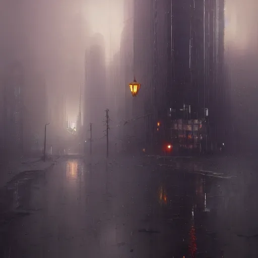 Image similar to epic portrait an cyberpunk city full of puddles and water, cloudy, rain, glowing, huge, broad light, ambient occlusion, volumetric light effect, made by ivan aivazovsky, peter mohrbacher, greg rutkowski, matte painting, trending on artstation, 4 k, perfectly defined features, digital painting,