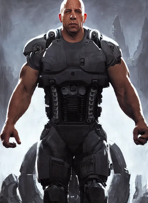 Image similar to vin diesel as victor stone, full body concept, cyborg, borg, strogg, face of a man, terminator, flesh, quake strogg, doom demon, wolfenstein, monstrous, powerful, symmetry, symmetrical, concept art by ruan jia and greg rutkowski