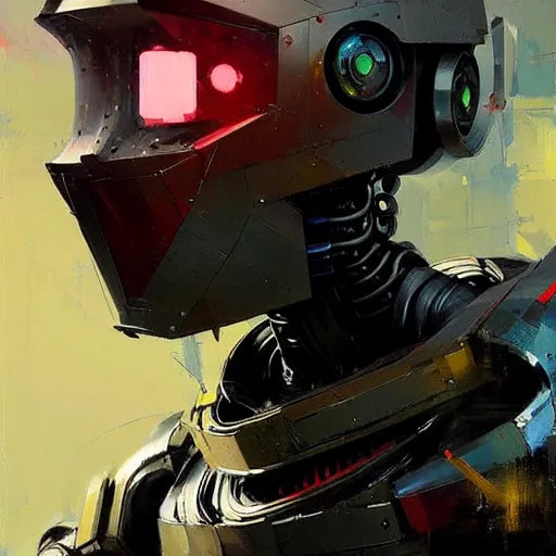 Prompt: a portrait of a concept robot with high tech armor, high detailed greg rutkowski painting, by adrian ghenie and gerhard richter. art by james gurney. masterpiece, deep colours.