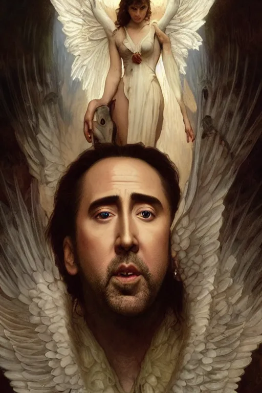 Prompt: Portrait of Nicolas Cage with angelic wings with multiple eyes on them, cinematic lighting, intricate, elegant, highly detailed, digital painting, artstation, smooth, sharp focus, illustration, art by artgerm and greg rutkowski and alphonse mucha and Wayne Barlowe and william-adolphe bouguereau