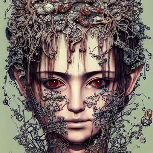 Image similar to beautiful portrait painted in jacek yerka and aykut aydogdu style drawn by vania zouravliov and takato yamamoto, inspired by cyberpunk, intricate acrylic gouache painting, high detail, sharp high detail, artstation, manga and anime