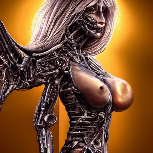 Image similar to biomechanical gina gerson chimera, goddess, chimeric organism, pale skin, organic polycarbon, full frontal, portrait, highly detailed, transhumanist, mendelbrot fractal, ray tracing, photorealistic, cyberpope, hyperdetailed, hyperrealistic, trending on artstation, oppai cyberpunk, octane render, hdr, uhd 4k