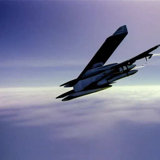 Image similar to a f 1 4 tomcat flying over the clouds chasing an ufo