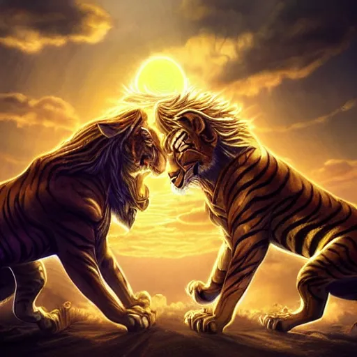 Image similar to the ancient world, hyper complexity, highly detailed, cinematic lighting, pastel colored sunrise, flying robotic tiger with gold metal huge wings on its back in the cloudy sky, sharp outlines, complete whole lion body, another sleeping tiger face in the clouds watching each other, hyperrealistic, trending on pixiv fanbox, love death robot,