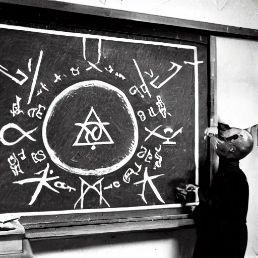 Prompt: seal of Solomon on a high school blackboard, classroom full of demons, photorealistic, photojournalism, National Geographic picture, high contrast, 1950s,