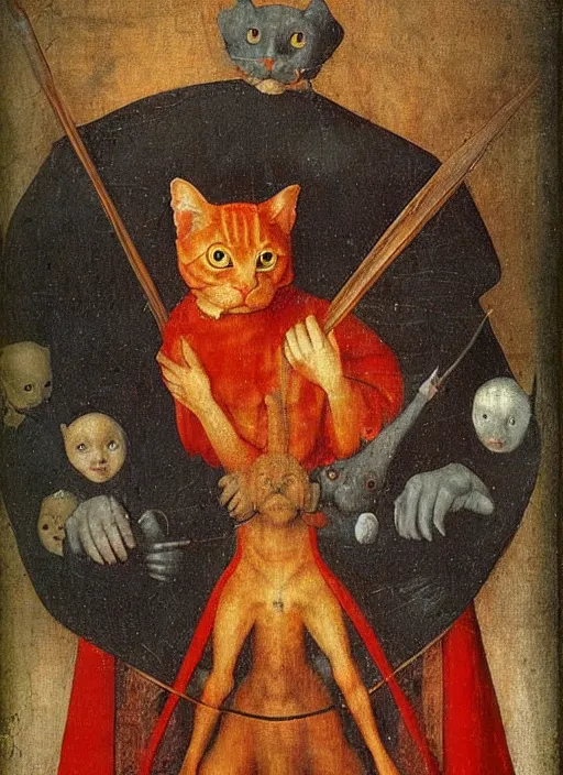 Prompt: red devil cat, Medieval painting by Jan van Eyck, Hieronymus Bosch, Florence