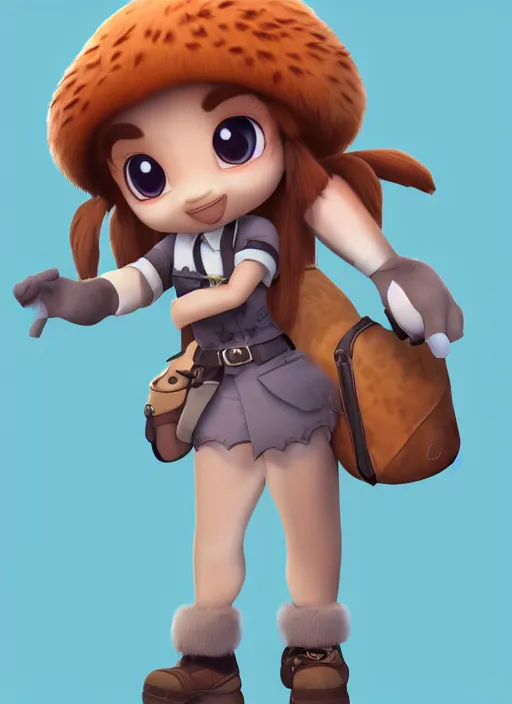 Image similar to female explorer mini cute girl, character adoptable, highly detailed, rendered, ray - tracing, cgi animated, 3 d demo reel avatar, style of maple story and zootopia, maple story indiana, fluffy fox ears, dark skin, cool clothes, soft shade, soft lighting, portrait pose