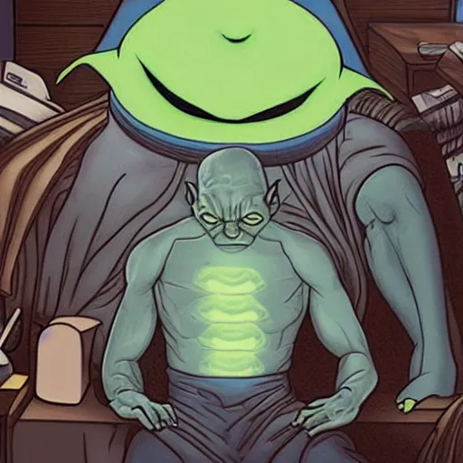 Image similar to photo of dr manhattan sleeping in bed next to yoda