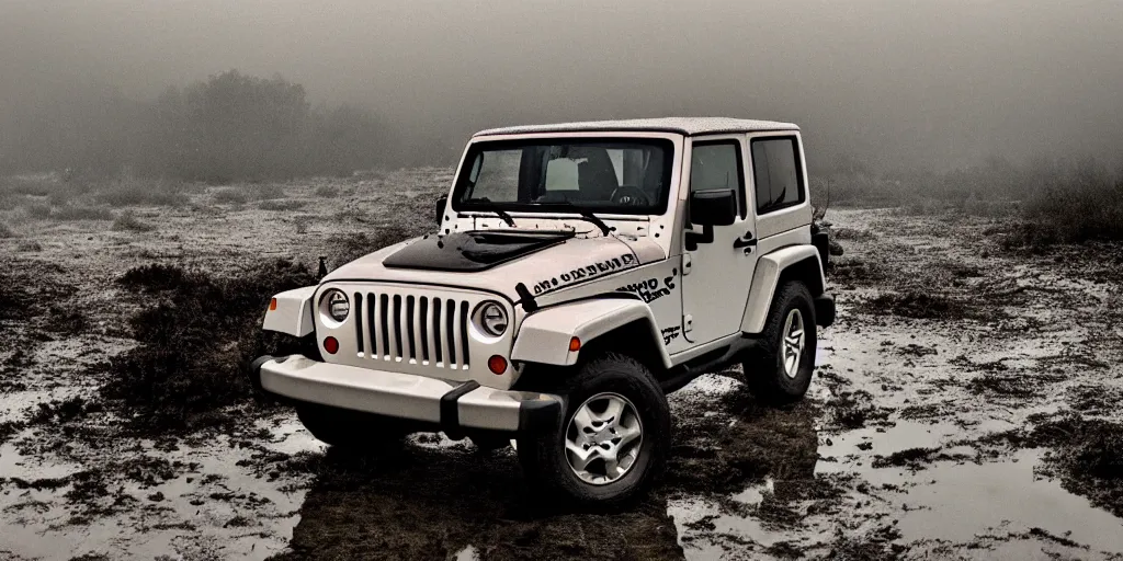 Prompt: noisy old color photograph of a 1997 hardtop white Jeep Wrangler drowning in quicksand, iridescent fog swallows the dirty swamp, gritty, Venom liquid grabs at the Jeep, cinematic, soft vintage glow