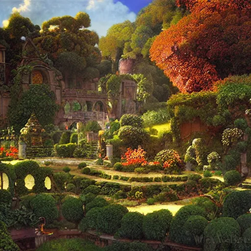 Image similar to highly detailed vegetable garden las pozas, lots of leaves, fence line, detailed. rule of thirds. intricate. sharp focus. wide angle. unreal engine 8 k. painting by maxfield parrish. wlop. greg rutkowski.