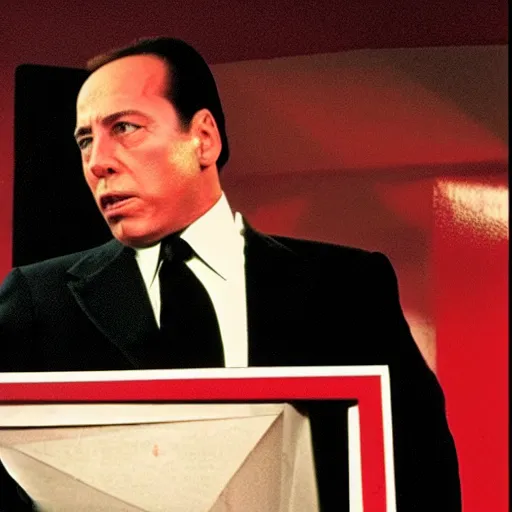 Image similar to Silvio Berlusconi in Pulp Fiction opening a red square featureless metallic box