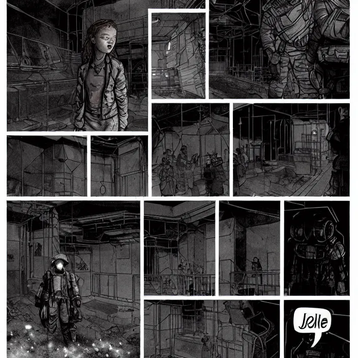 Image similar to tired sadie sink as a miner waits in a queue to a scifi cube room. set outside a coal mine. storyboard, scifi cyberpunk. by gabriel hardman, joe alves, chris bonura. cinematic atmosphere, detailed and intricate, perfect anatomy