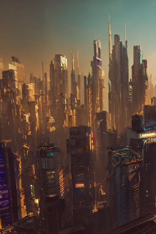 Image similar to cyberpunk cityscape with tall buildings at dusk golden hour orange cinematic lighting, epic composition. A golden daylight, hyper-realistic environment. Hyper and intricate detail, photo-realistic. Cinematic and volumetric light. Epic concept art. Octane render and Unreal Engine, trending on artstation
