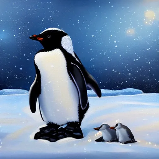 Image similar to cute puffy furry baby penguin in snowy winter landscape with icebergs detailed oil painting 4k