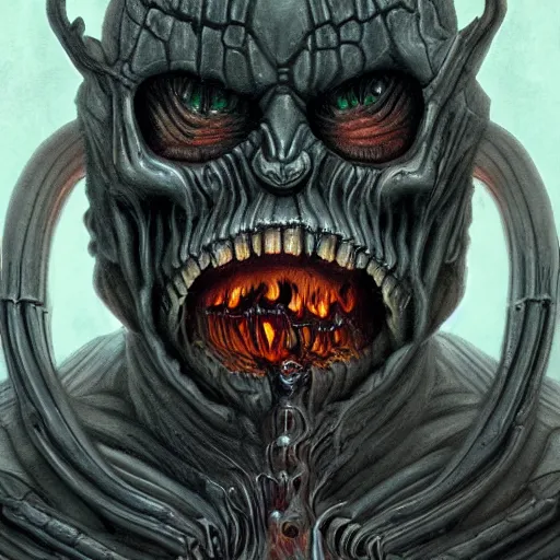 Image similar to giger elden ring doom demon portrait with humanoid face, fire and flame, Pixar style.