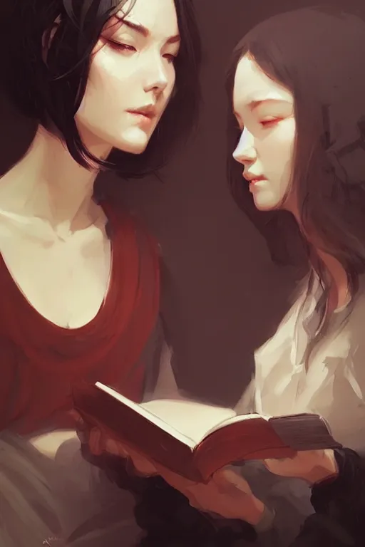 Image similar to portrait of two wise and very beautiful women discussing some texts, art by guweiz, intricate, elegant, highly detailed, smooth, sharp focus, artstation