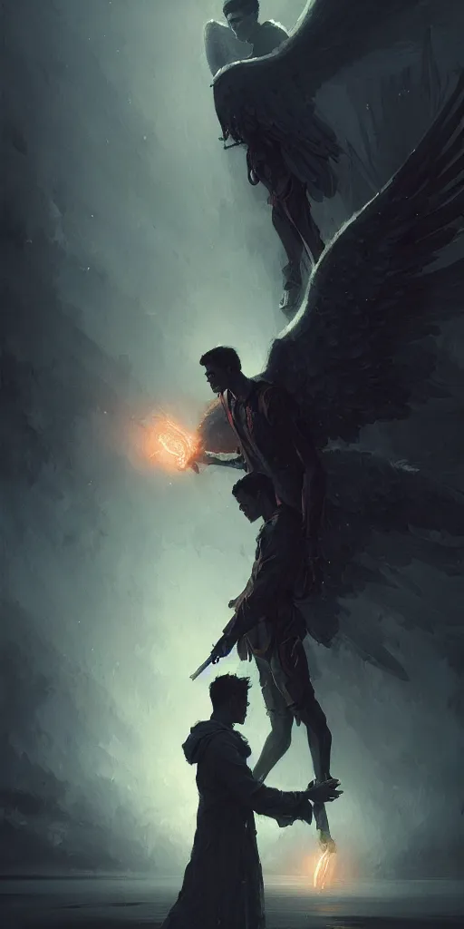 Image similar to angel protecting man, detailed intricate illustration, dark atmosphere, detailed illustration, hd, 4 k, digital art, overdetailed art, by greg rutkowski, by loish, complementing colors, trending on artstation, deviantart