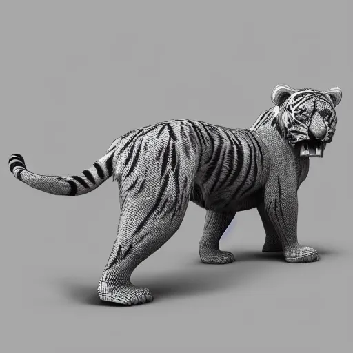 Image similar to anthropomorphized sabertooth tiger, 3d render, flat gray fur, polygon shapes