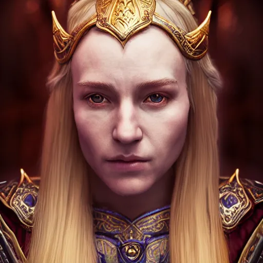 Image similar to the elder scrolls vi, charismatic regal blonde high elf female jarl, portrait, throne room, atmospheric lighting, painted, intricate, volumetric lighting, beautiful, daytime, sunny weather, slight overcast, sharp focus, deep colours, ultra detailed, by leesha hannigan, ross tran, thierry doizon, kai carpenter, ignacio fernandez rios