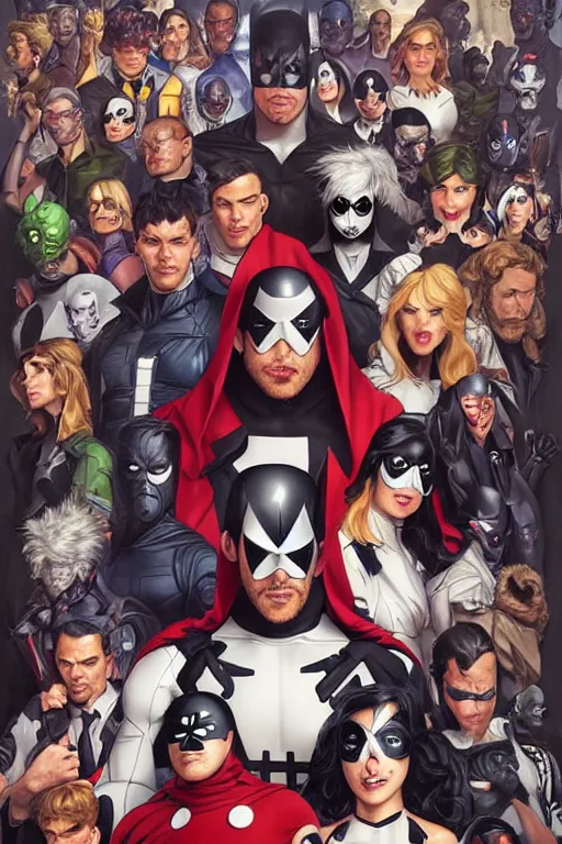 Prompt: group portrait of the Umbrella Academy, superheroes, domino masks, movie poster, highly intricate, elegant, realistic faces, highly detailed, digital painting, artstation, concept art, cel-shaded, smooth, sharp focus, illustration, art by artgerm and greg rutkowski and alphonse mucha