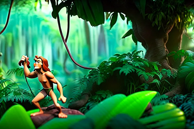Image similar to cartoon tarzan in the jungle, screenshot in a typical pixar movie, disney infinity 3 star wars style, volumetric lighting, subsurface scattering, photorealistic, octane render, josh black