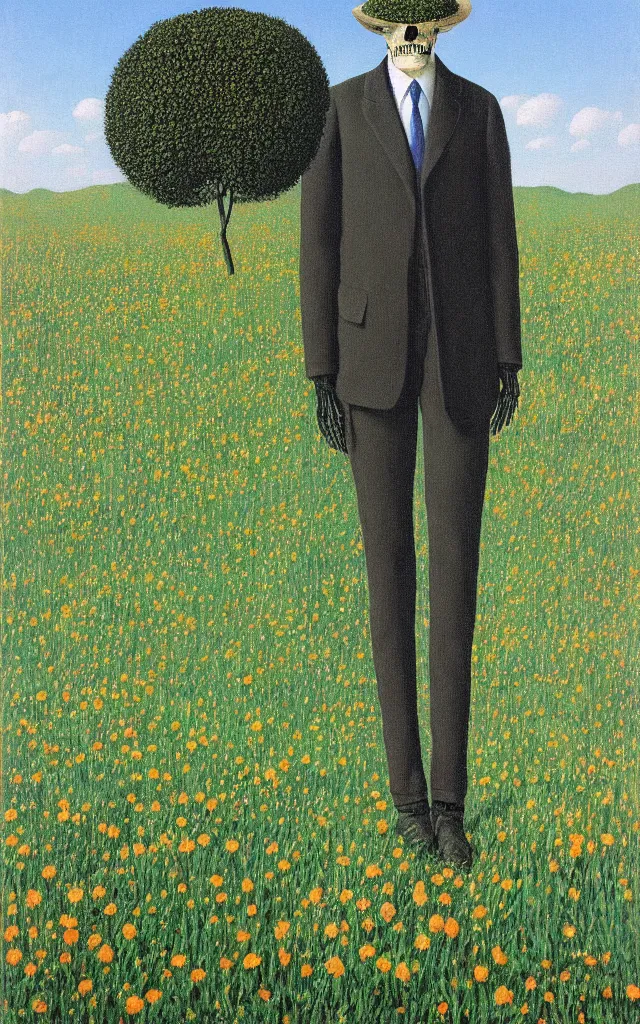 Image similar to human skeleton looking at you in distance in beautiful meadow of flowers, detailed painting by rene magritte