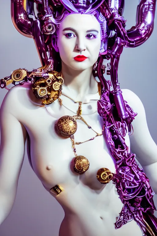 Image similar to full-body porcelain rococo futuristic style sculpture of a young beautiful goddess as a half-robot wearing retro shades, red lips, mechanical eyes, leaking glowing neon radioactive liquid, electric sparks, glowing violet laser beam eyes, crown of giant diamonds, gold chain steampunk necklace, flowing purple satin, luminescent fabrics, mechanical roses. baroque and steampunk elements. full-length view. baroque element. intricate artwork by caravaggio. Trending on artstation, octane render, cinematic lighting from the right, hyper realism, octane render, 8k, depth of field, 3D