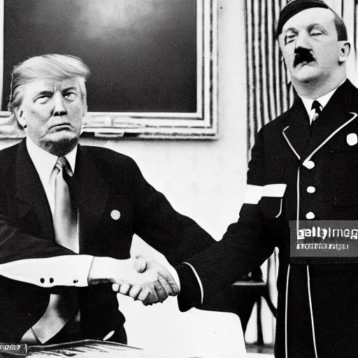 Image similar to Adolf Hitler shaking hands with Donald Trump in the oval office, press-photo, smiling, detailed