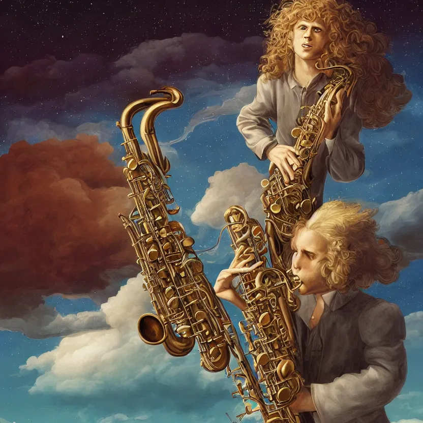 a young blond man with long curly hair playing sax, on Stable