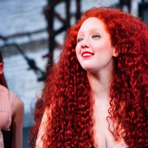 Image similar to a beautiful girl with long curly red hair on a singing on broadway stage