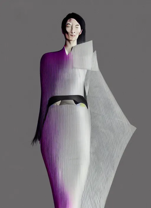 Prompt: a digital portrait by ichiro tanida and mitsuo katsui of an european girl detailed features wearing a cyber kimono latex suit wedding dress - synthetic materials, by issey miyake