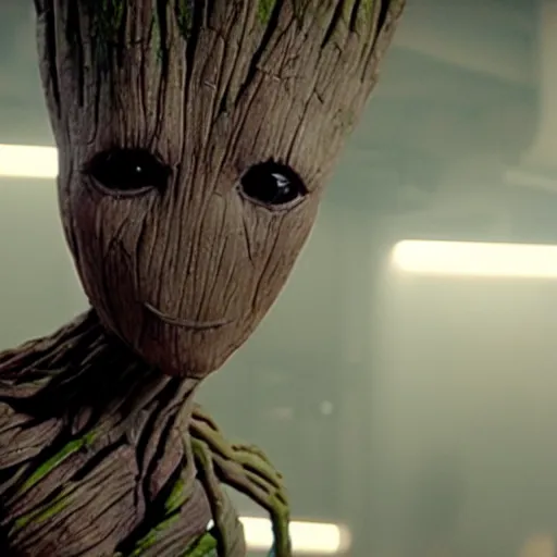 Prompt: Groot robbing a bank, still image, cinematic, shotgun