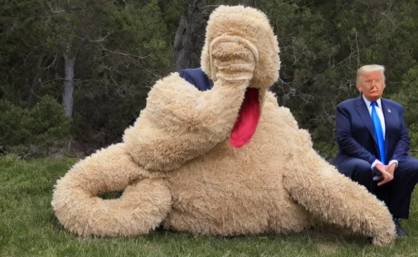 Image similar to Donald Trump in a baby mammoth costume , with an open face