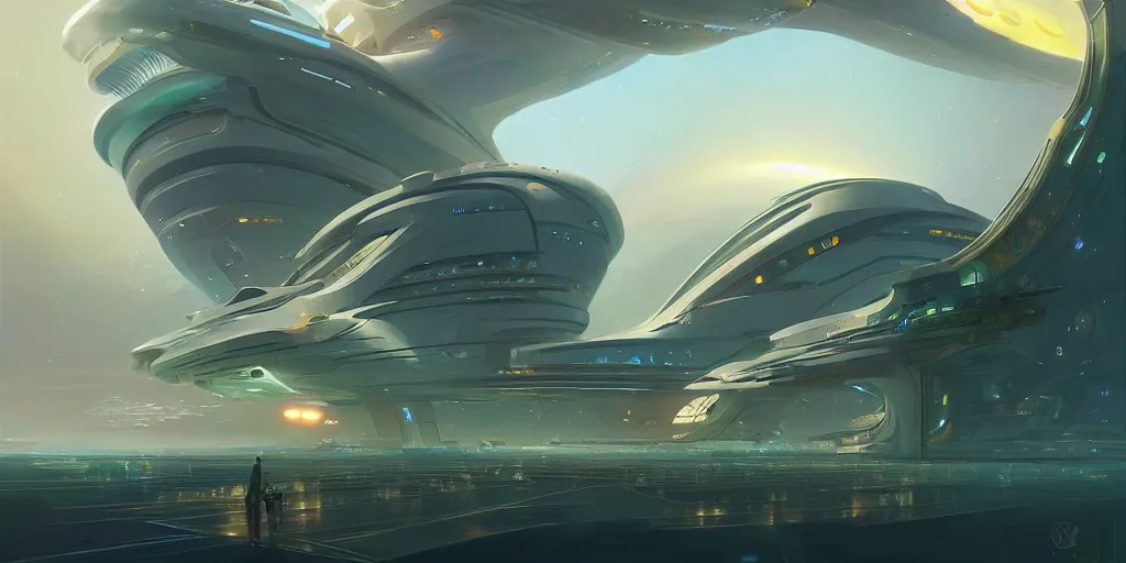 Prompt: a gigantic cruise starship with many windows and indoor gardens, orbiting a planet, by peter mohrbacher and alex petruk and stephan martiniere, complex swirling accents, futuristic, trending on artstation