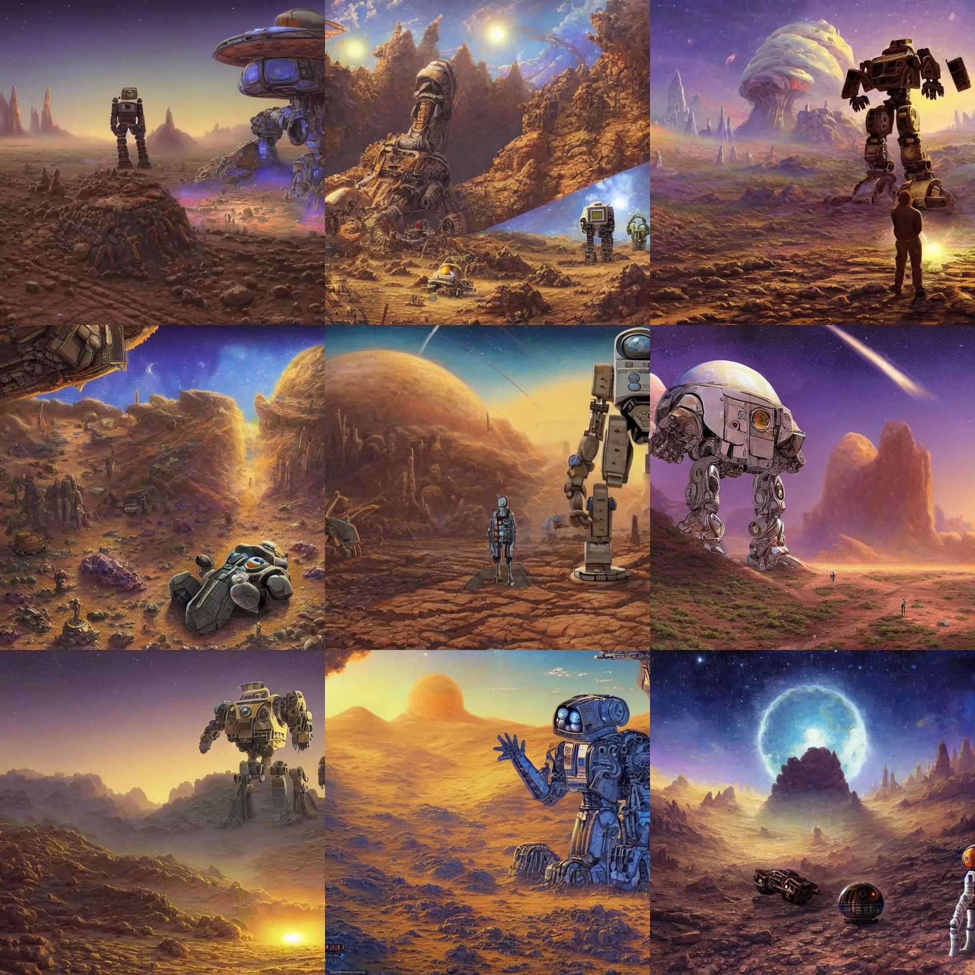 Prompt: next to the wreckage of a destroyed fallen giant humanoid robot on a remote desert planet, from a space themed point and click 2 d graphic adventure game, art inspired by thomas kinkade