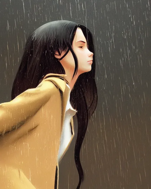 Image similar to an ultradetailed beautiful portrait painting of a stylish girl standing in the rain, side view, oil painting, by ilya kuvshinov, greg rutkowski and makoto shinkai