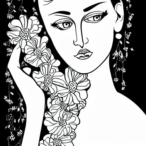 Prompt: a pretty elegant women's face in one line art style with flowers, Vika levina, Continuous line art in minimalistic style for prints