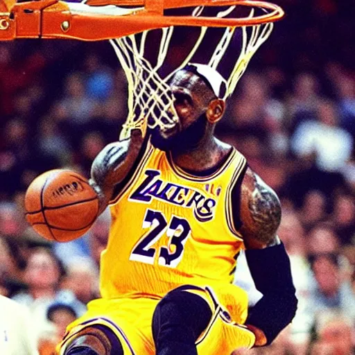 Image similar to baby lebron james dunking in the nba