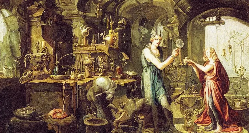 Image similar to An alchemist in his lab summoning an undine to enchant his potion, baroque