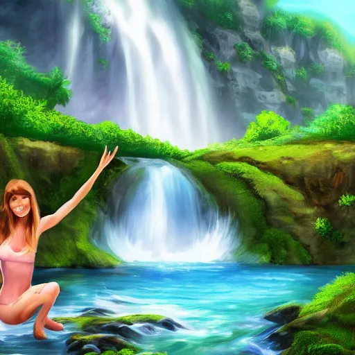 Image similar to an attractive woman holding an island with waterfalls coming off of it, happy, highly detailed, trending on art station, digital art, beautiful backdrop, highly detailed