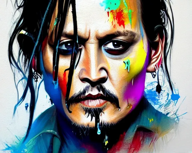 Image similar to , painting of johnny depp, paint drips, colour splash, art design, inventive, new format, futuristic painting, deep focus, d & d, fantasy, intricate, elegant, highly detailed, digital painting, artstation, concept art, matte, sharp focus, illustration, hearthstone, art by artgerm and greg rutkowski and alphonse mucha