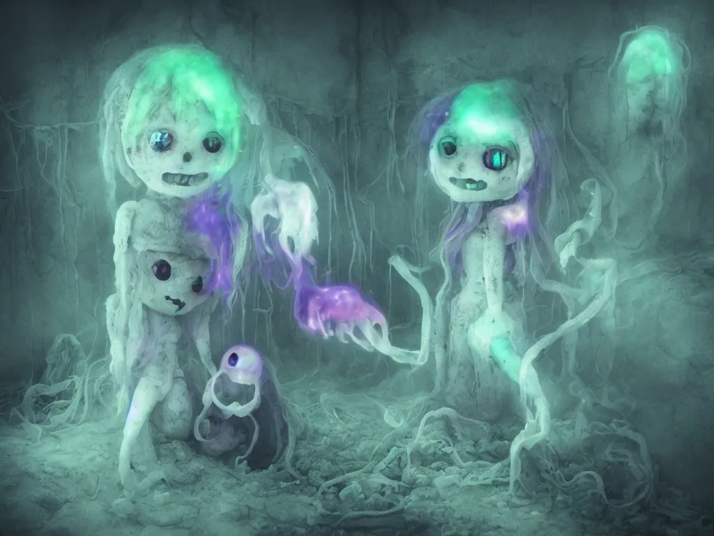 Prompt: cute fumo plush smiling ectoplasmic jellyfish ghost girl lingering in a mysterious concrete organic ruin, technicolor horror, chibi gothic maiden in tattered melting rags, glowing wisps of hazy green smoke and eerie blue volumetric fog swirling about, moonlight, glowing lens flare, vray