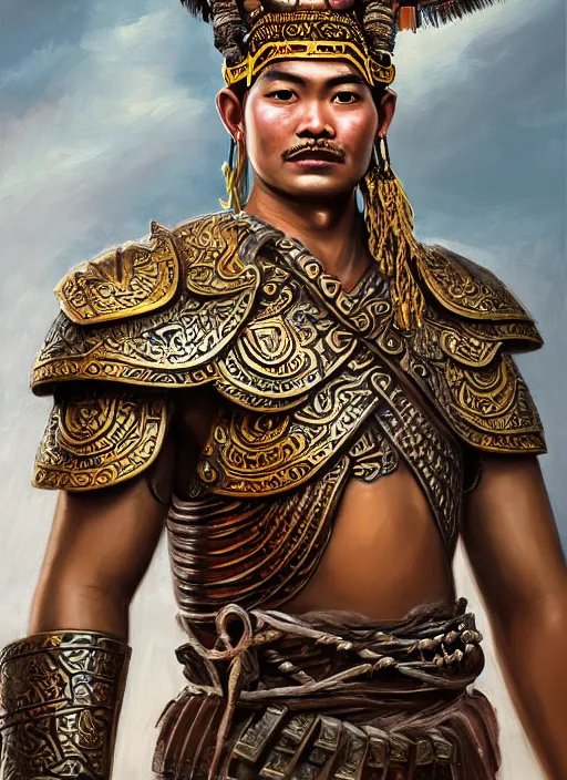 Image similar to smart tai warlord of lanna, chiang mai, closeup portrait, without beard and mustache, historical hero, ethnic group, tai costume, thai traditional bronze headdress, intricate, with leather armor cross on bare chest, elegant, loin cloth, highly detailed, oil painting, artstation, concept art, matte, sharp focus, illustration, hearthstone, art by earl norem