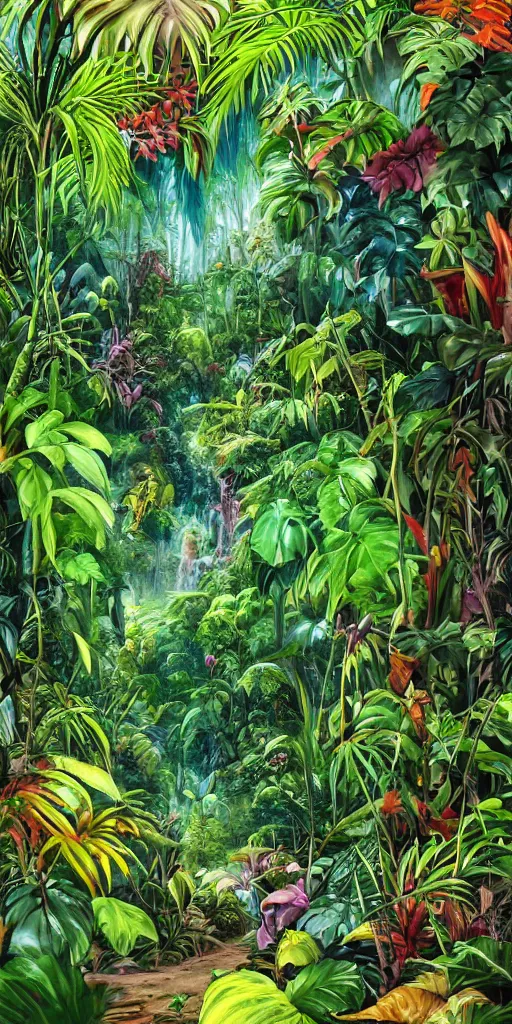 Prompt: deep in the jungle with exotic plant life, colorful tropical plants, natural botanical gardens, vines along the jungle floor, acrylic painting by nick garbutt, artstation, concept art, award winning,