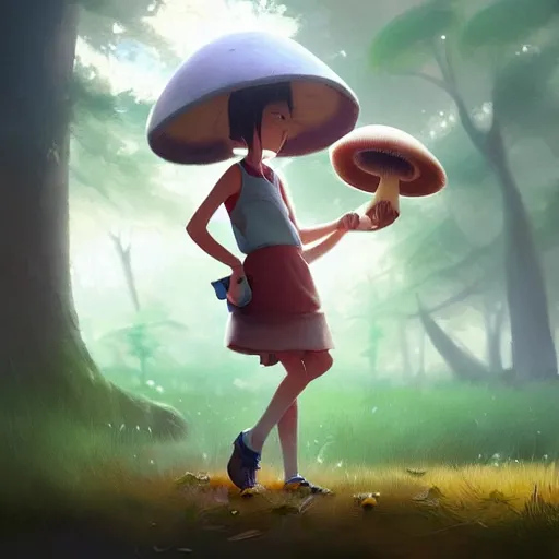 Image similar to goro fujita ilustration a cheerful girl collecting mushrooms in the forest, characterized by masamune shirow and greg rutkowski, character art, sharp focus, highly detailed, artstation